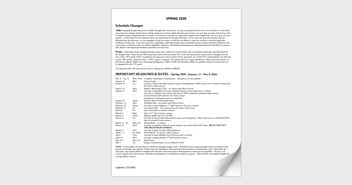 NSU Important Dates - SPRING 2026